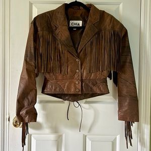 CHIA Vintage Leather Fringe Motorcycle Jacket Women’s Medium Brown
